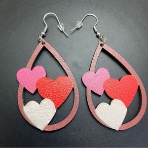 Valentine's Day Love Hearts Wooden Drop Dangle Earrings